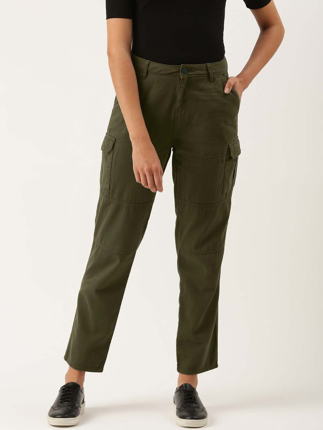 Women Forest Green Slim Fit Solid Cargo Trousers