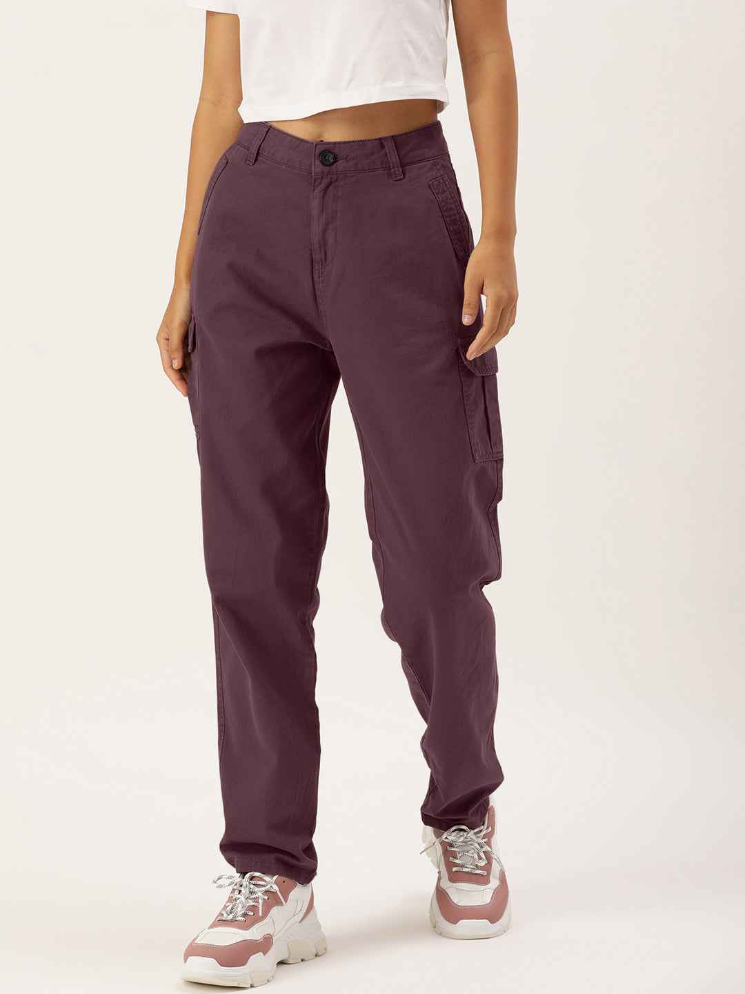 Women Maroon Slim Fit Solid Cargo Trousers