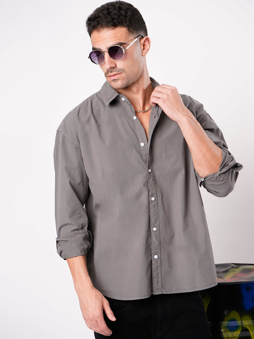 Men Grey Oversize Cotton Casual Shirt