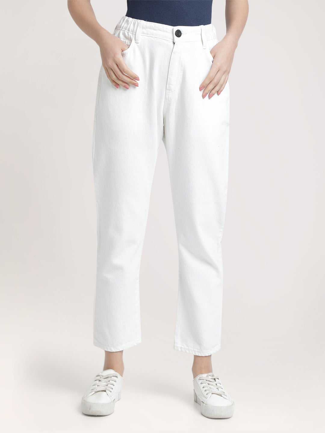 Women White Rigid Cropped Slouchy Fit High-Rise Jeans