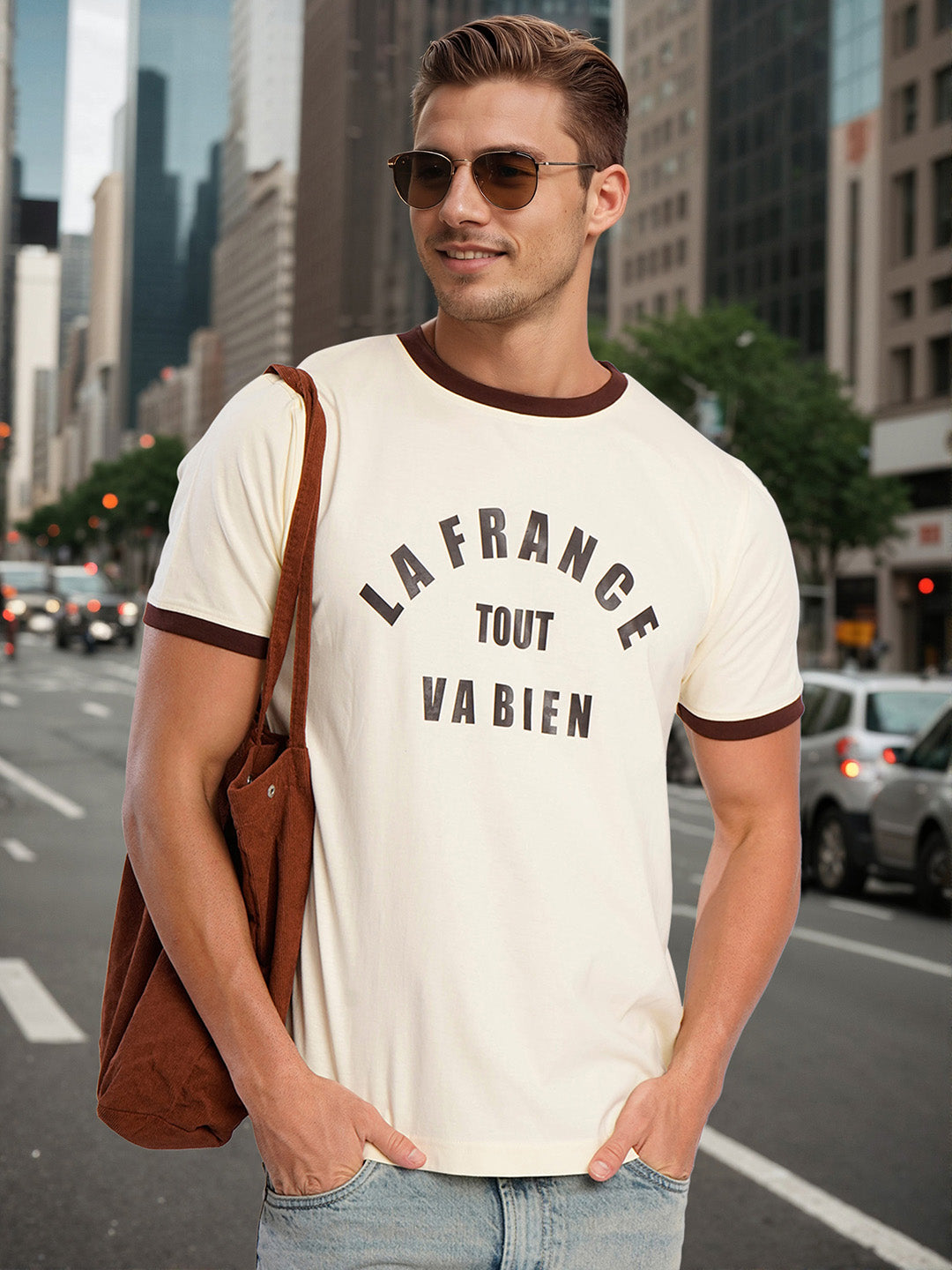 Men Beige Typography Print T Shirt