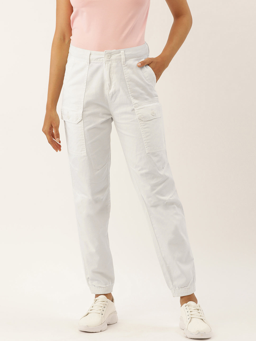 Women White Regular Fit Solid Cargo Joggers