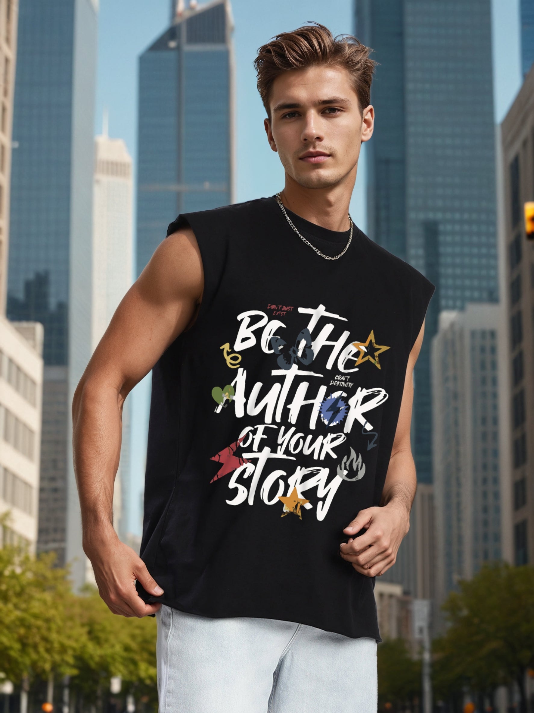Men Black Sleeveless Typography Oversized T Shirt