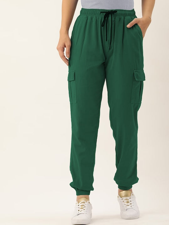 Women Basil Green Regular Fit Solid Cargo Joggers