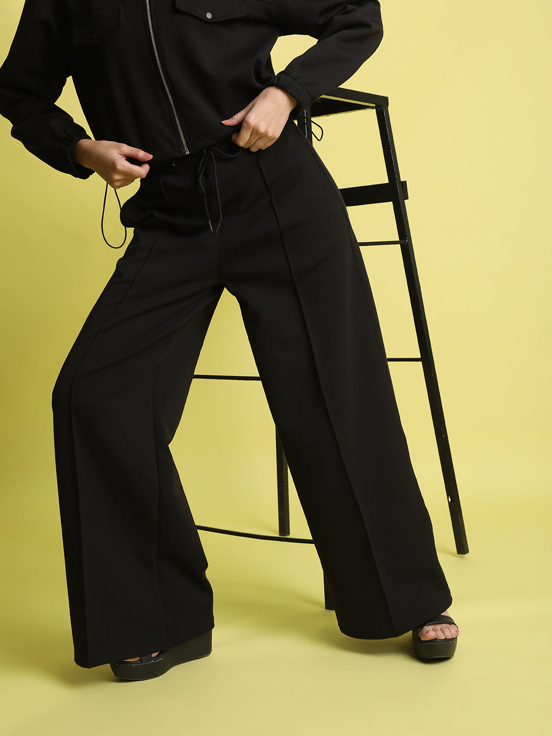 Women Black Wide Leg Knitted Trousers