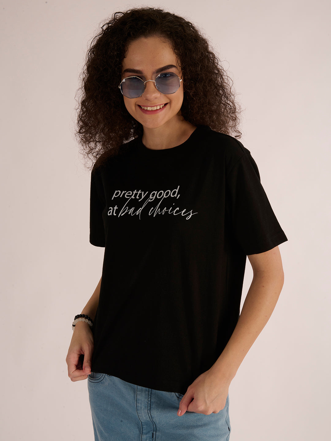 Women-Black-Coloured-100% Cotton -Typography-Printed-Roundneck-T-Shirts