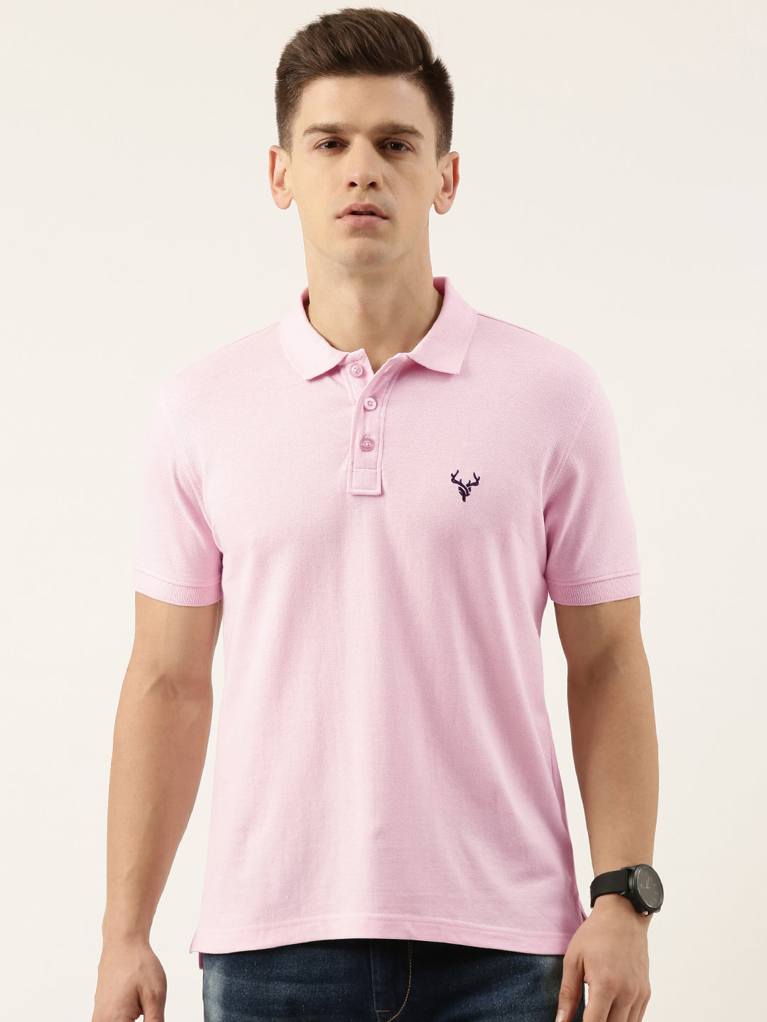 Men Grey/Pink Regular Fit Solid T-Shirt