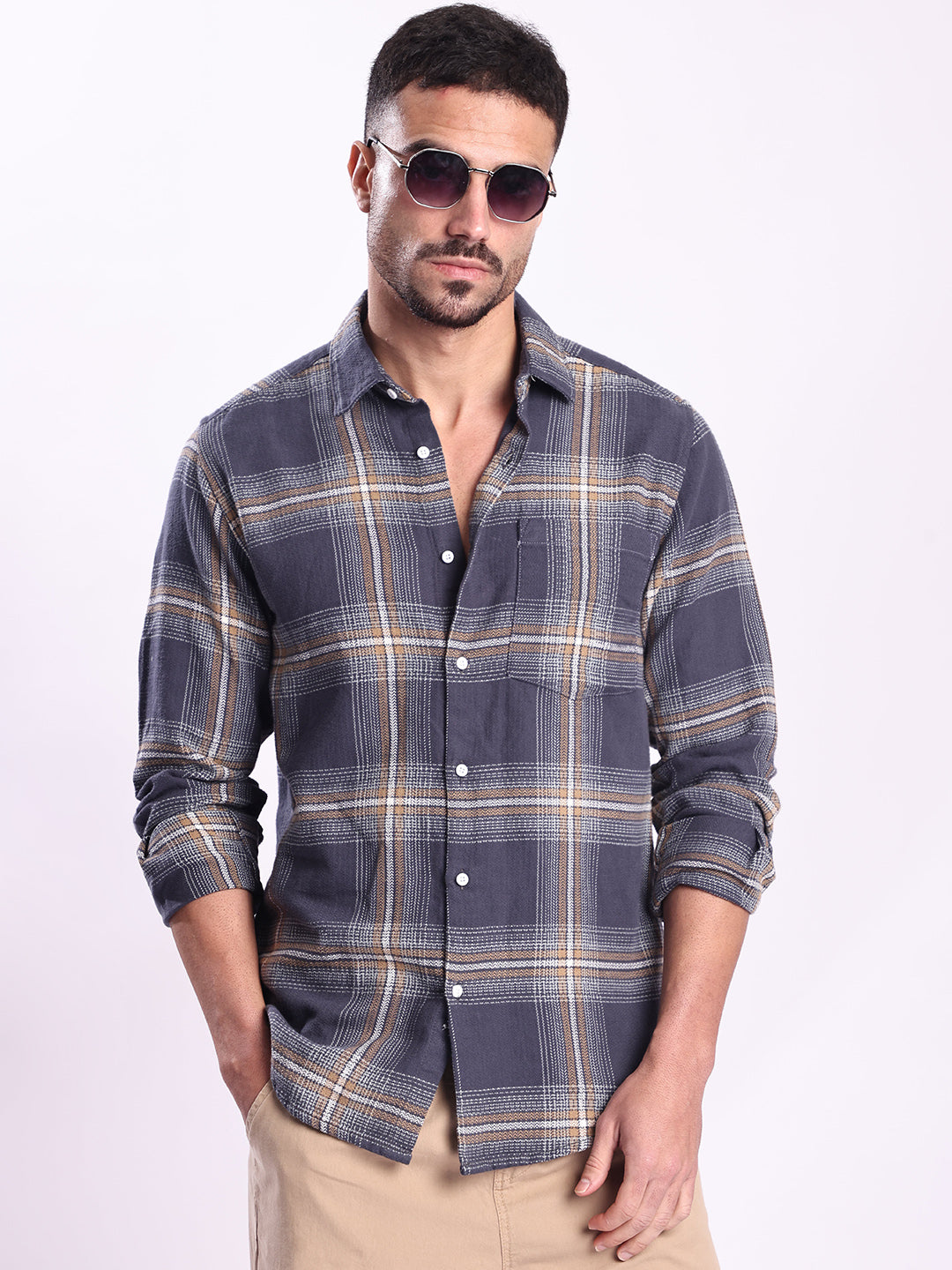 Men Grey Checked Single Pocket Shirt