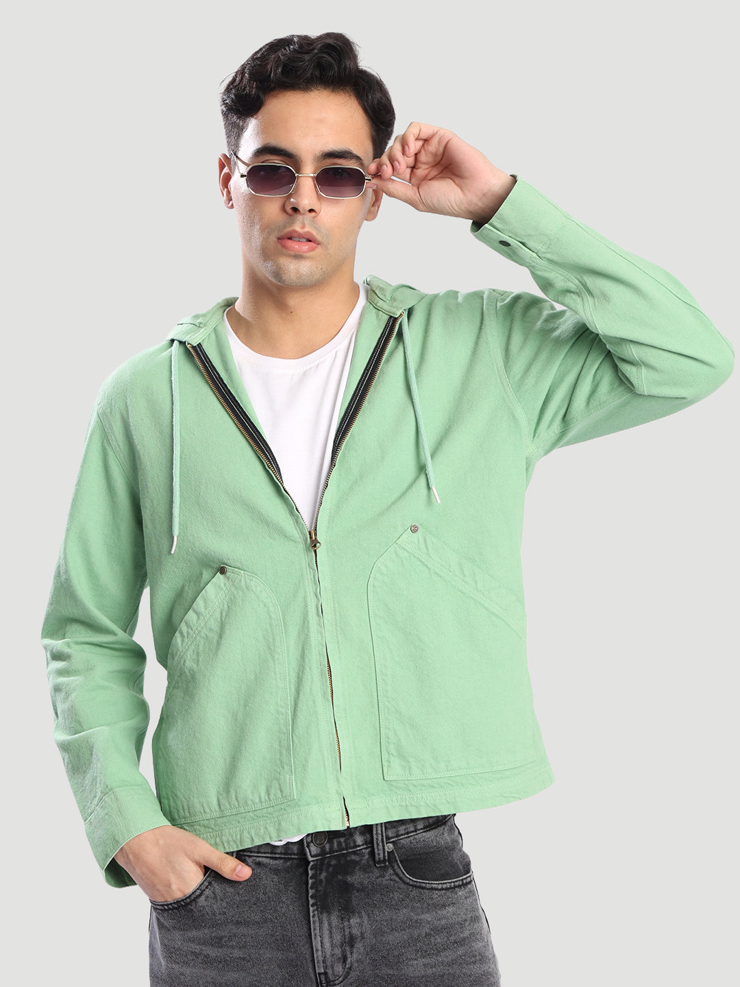 Men Green hooded Denim Jacket
