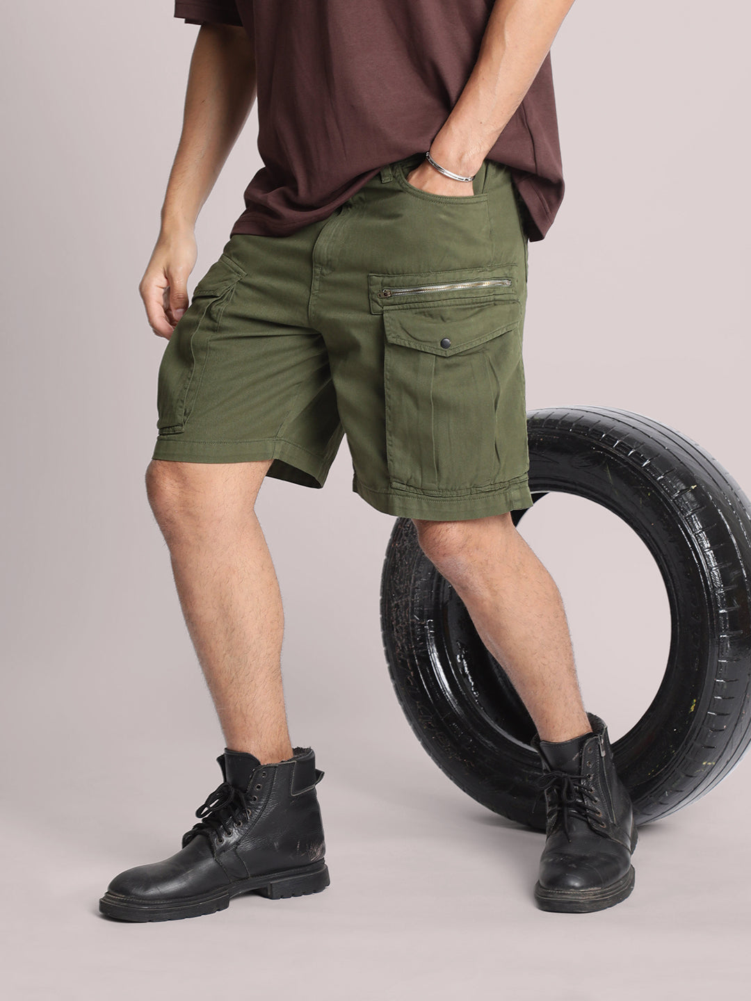 Men Olive Cargo Shorts- With Zip Detail