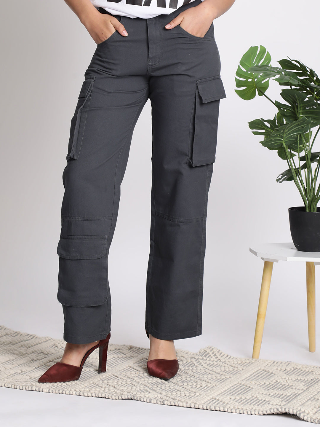 Women Grey Straight Fit Cargo Trousers