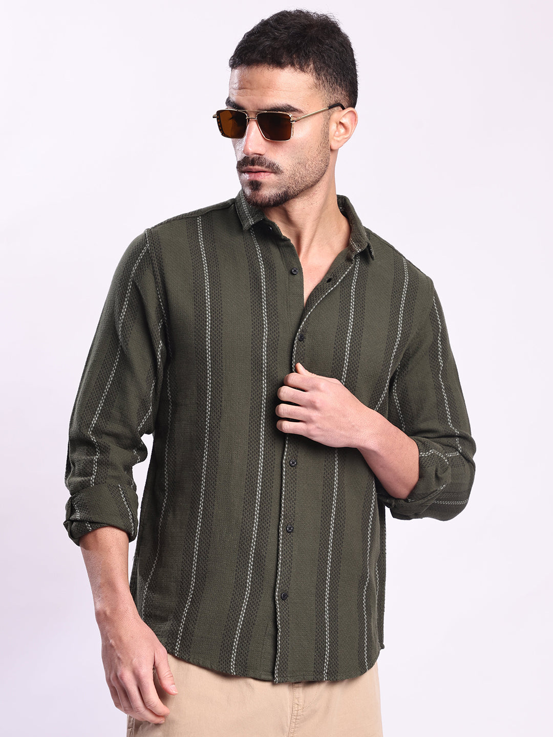 Men Green Striped Casual Shirt
