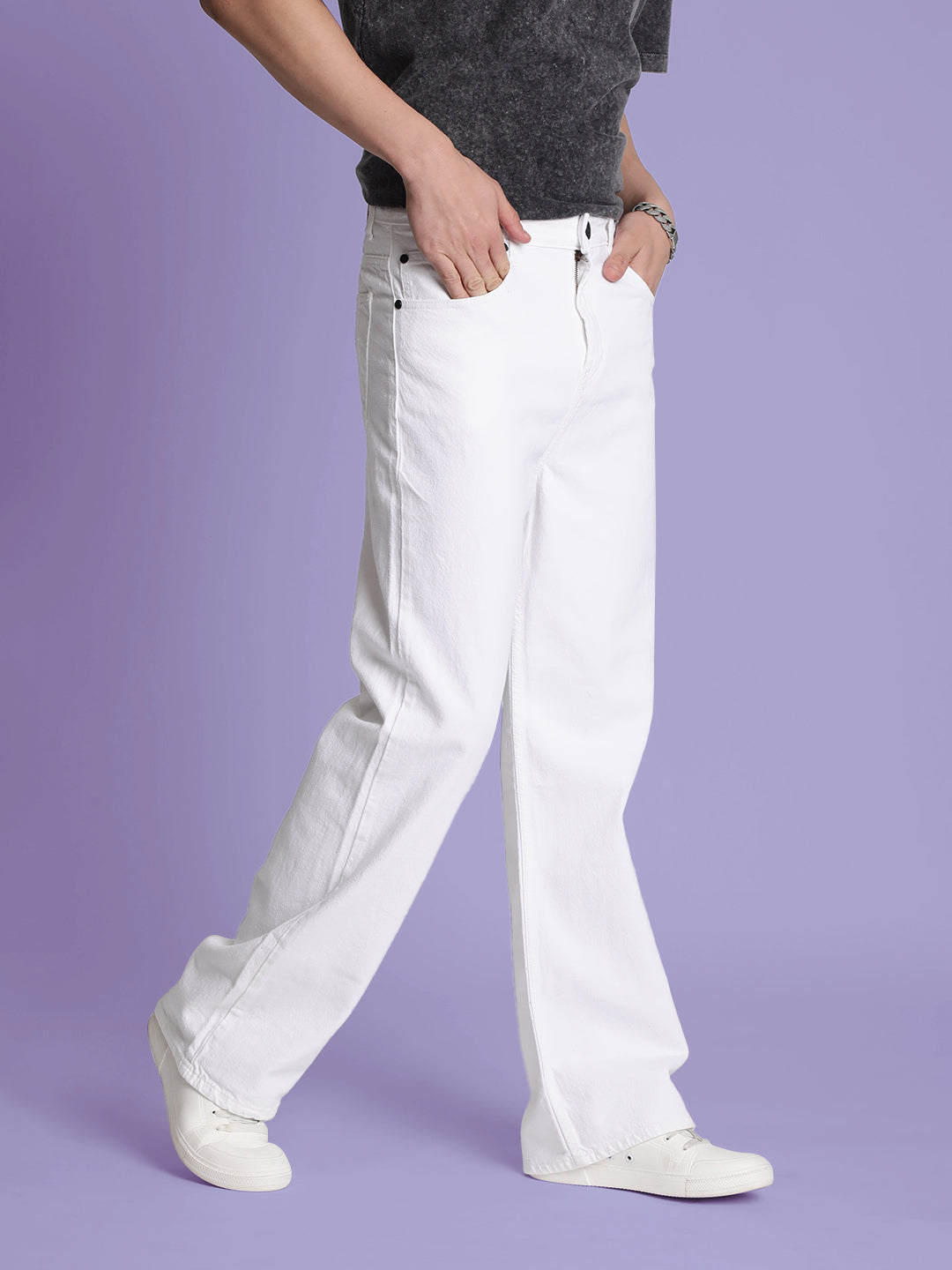 Men White Solid Wide-Leg Jeans