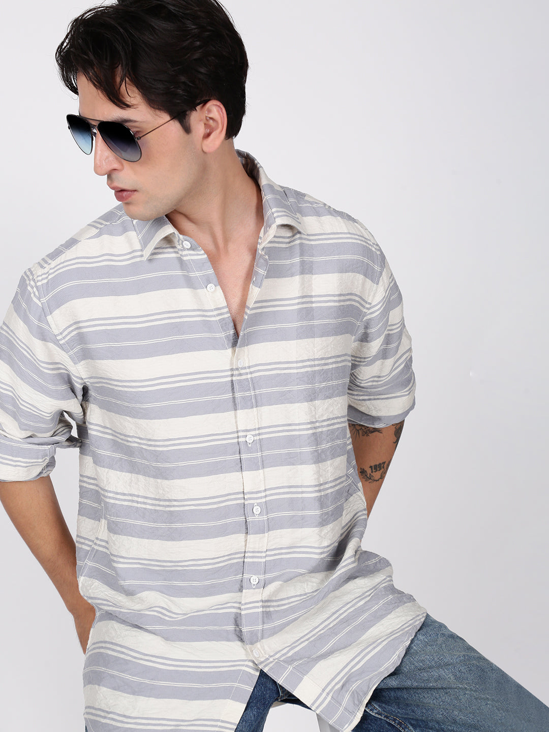 Men Blue and White Horizontal Striped Shirt