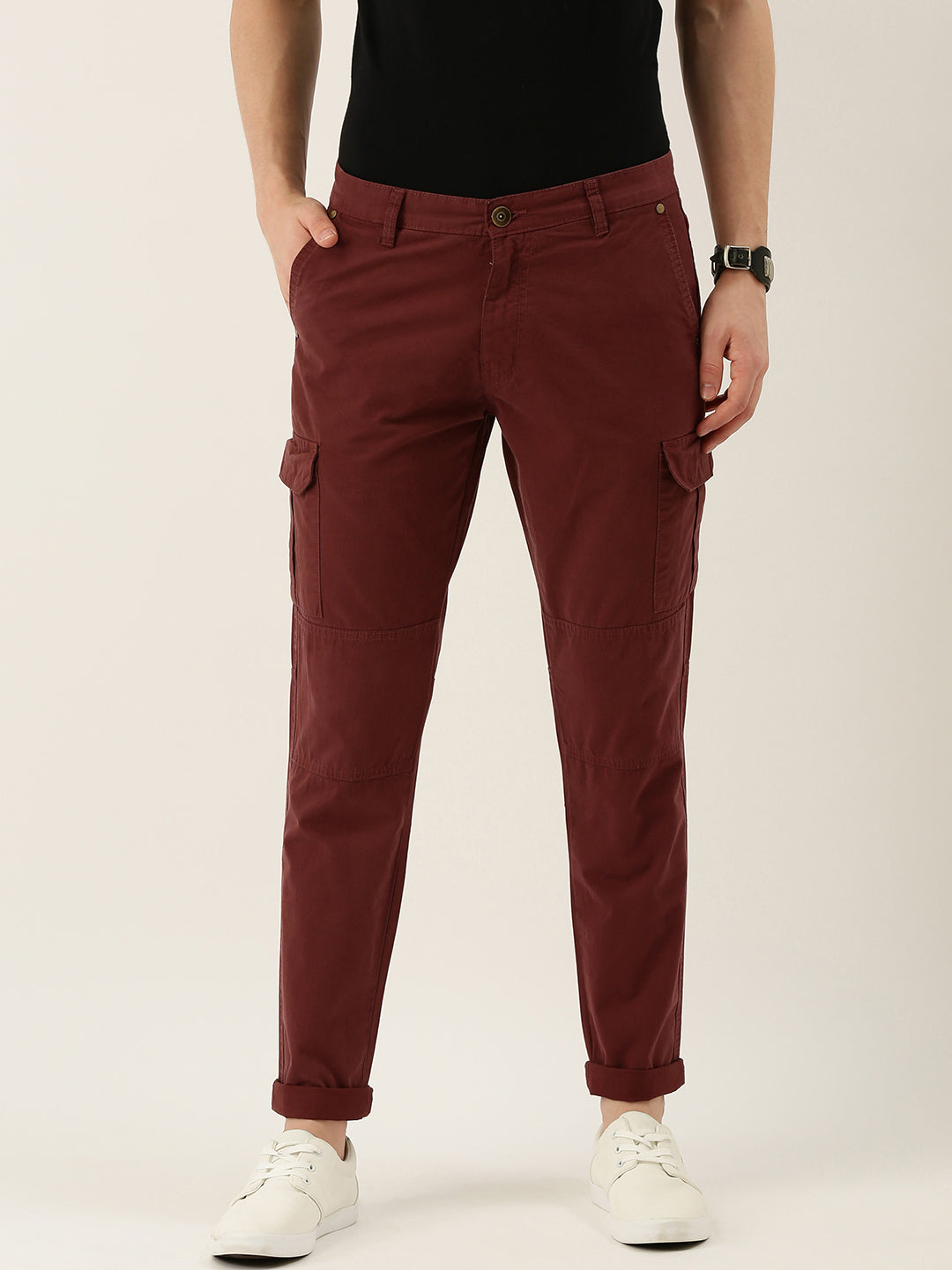 Men Brown Slim Fit Solid Cargo Trouser