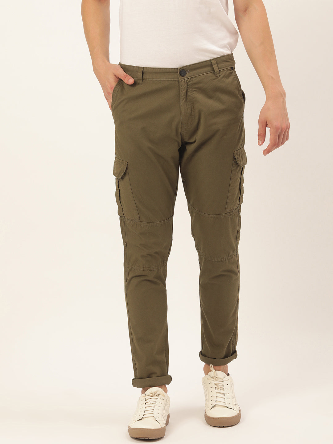 Men Olive Slim Fit Solid Cargo Trouser