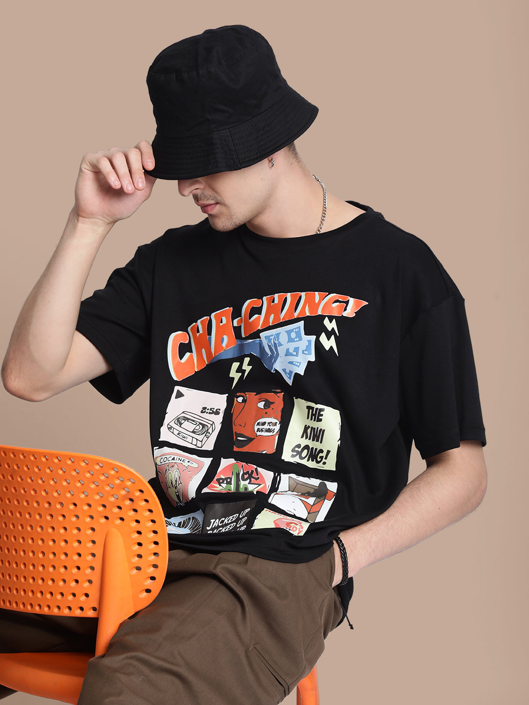 Men 'Cha Ching' Graphic Print Oversized T-shirt