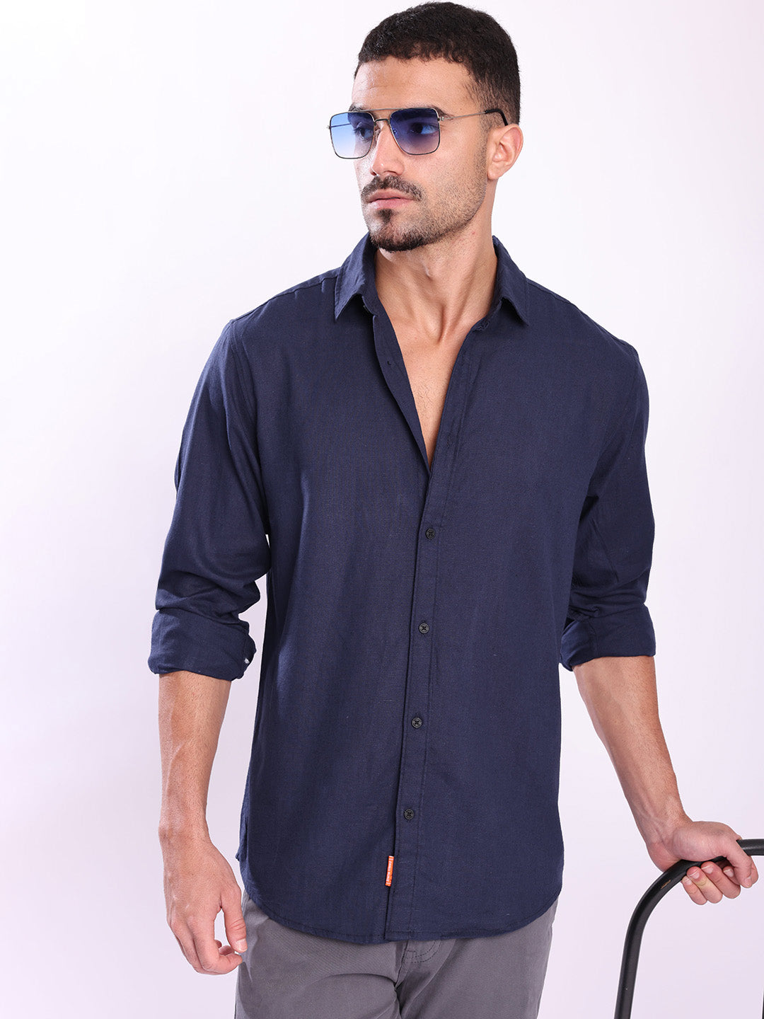 Men Blue Cotton linen Spread collar Shirt