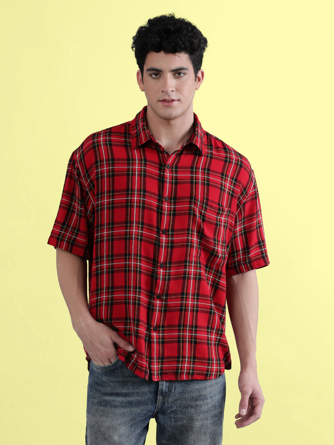 Men Red Half Sleeve Oversized Checkered Casual Shirt