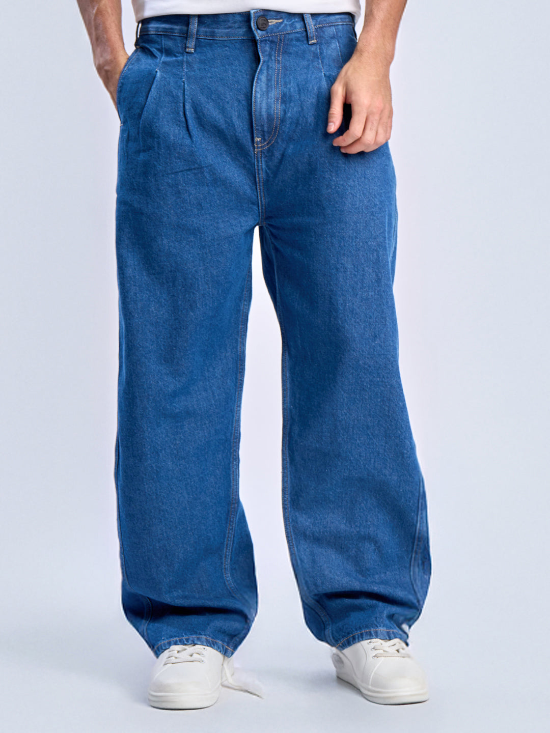 Men Blue Pleated Baggy fit Jeans