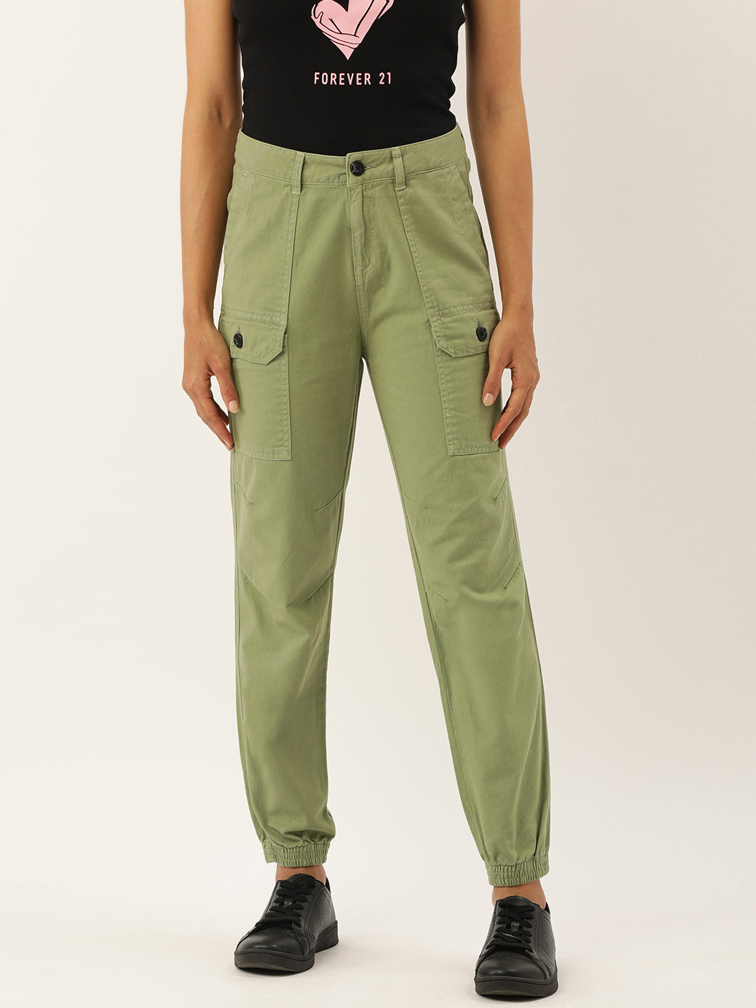 Women Green Herb Regular Fit Solid Cargo Joggers