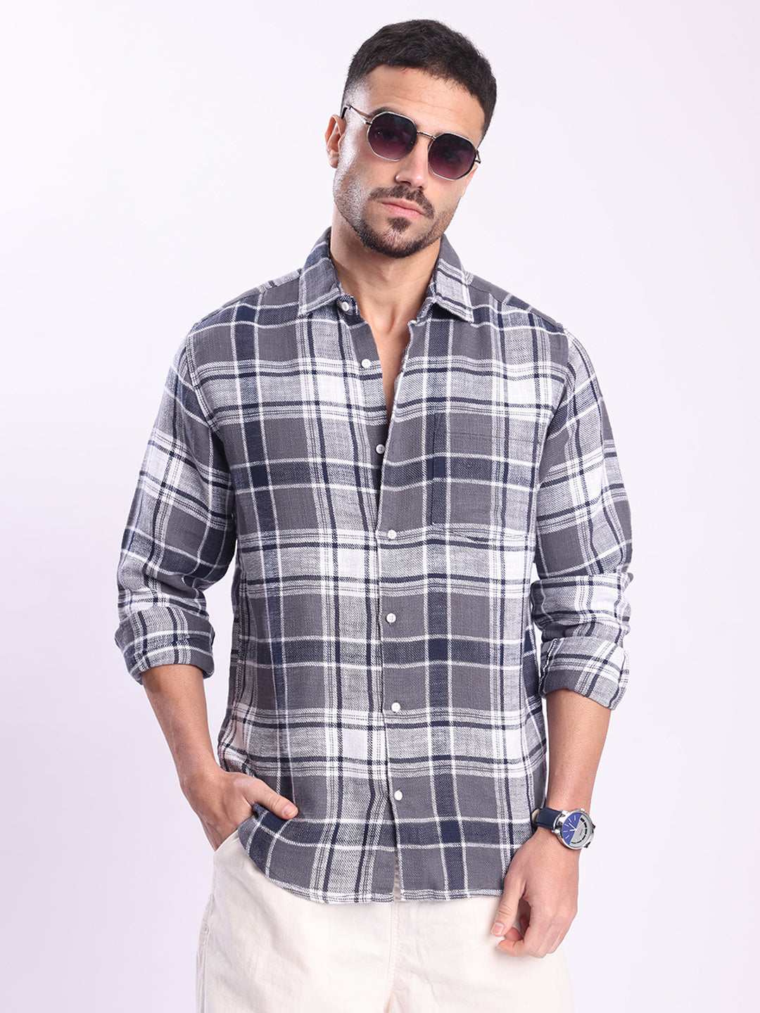 Men Grey Checked Single Pocket Shirt