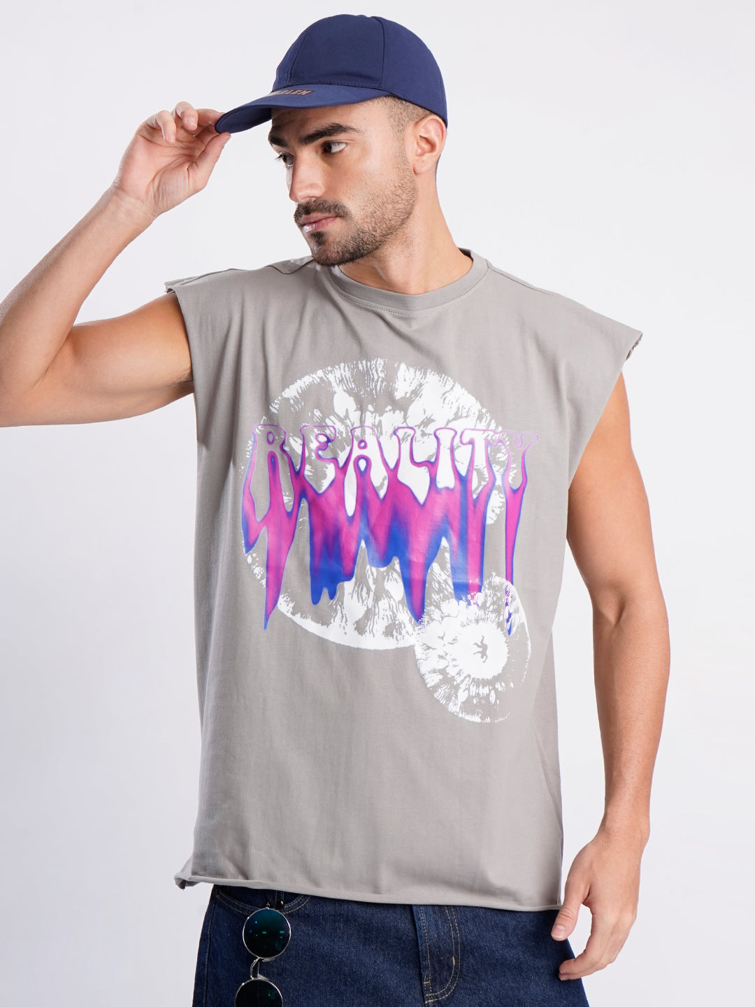 Men Grey Sleeveless Graphic Print Oversized T Shirt