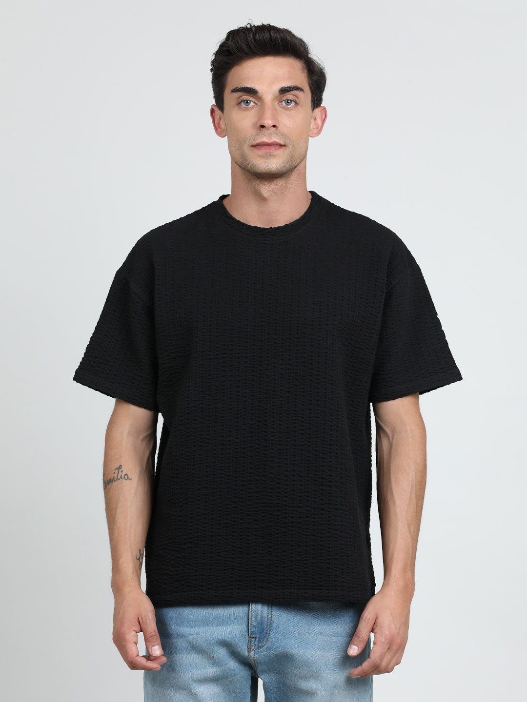 Men Black Oversized Knit Seersucker Solid T-Shirt