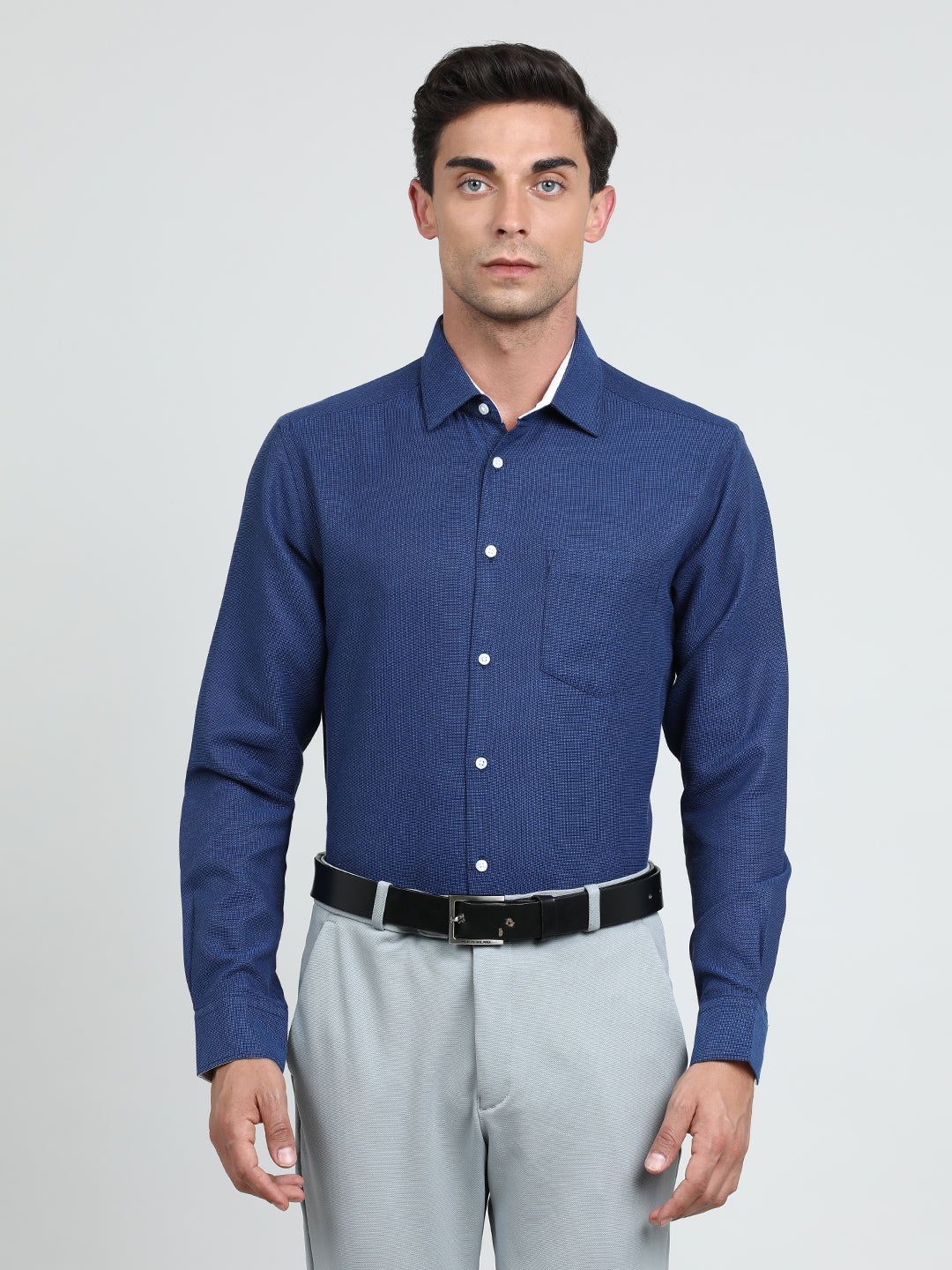 Men Navy Blue Regular Fit Textured Poly Cotton Formal Shirt