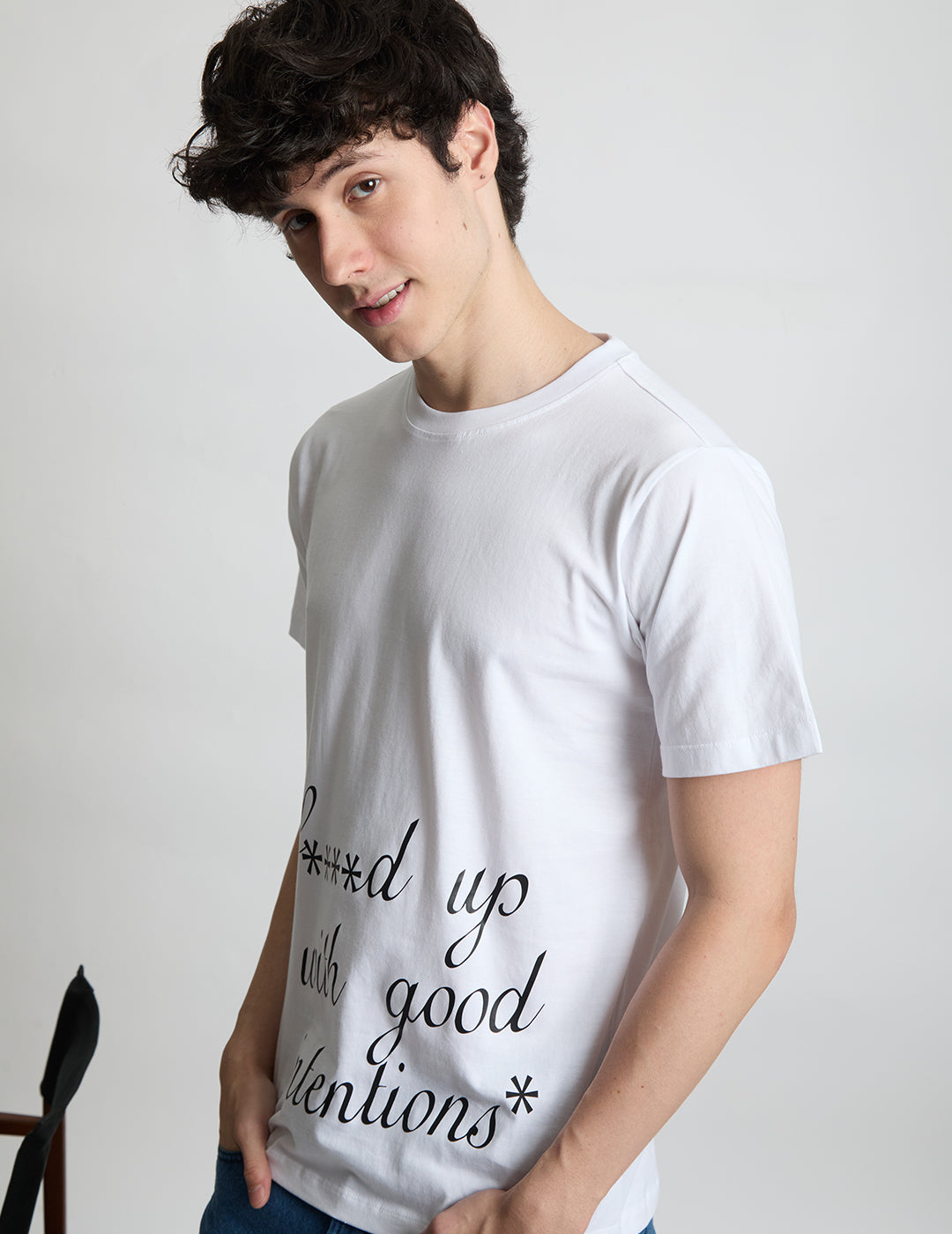 Men's White Regualr Typography printed  Cotton T-Shirt