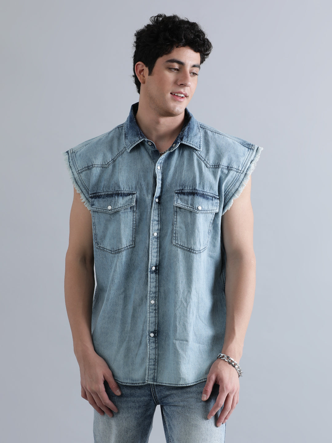 Mens Sleeve Less Denim Shirt With Pocket Detailing