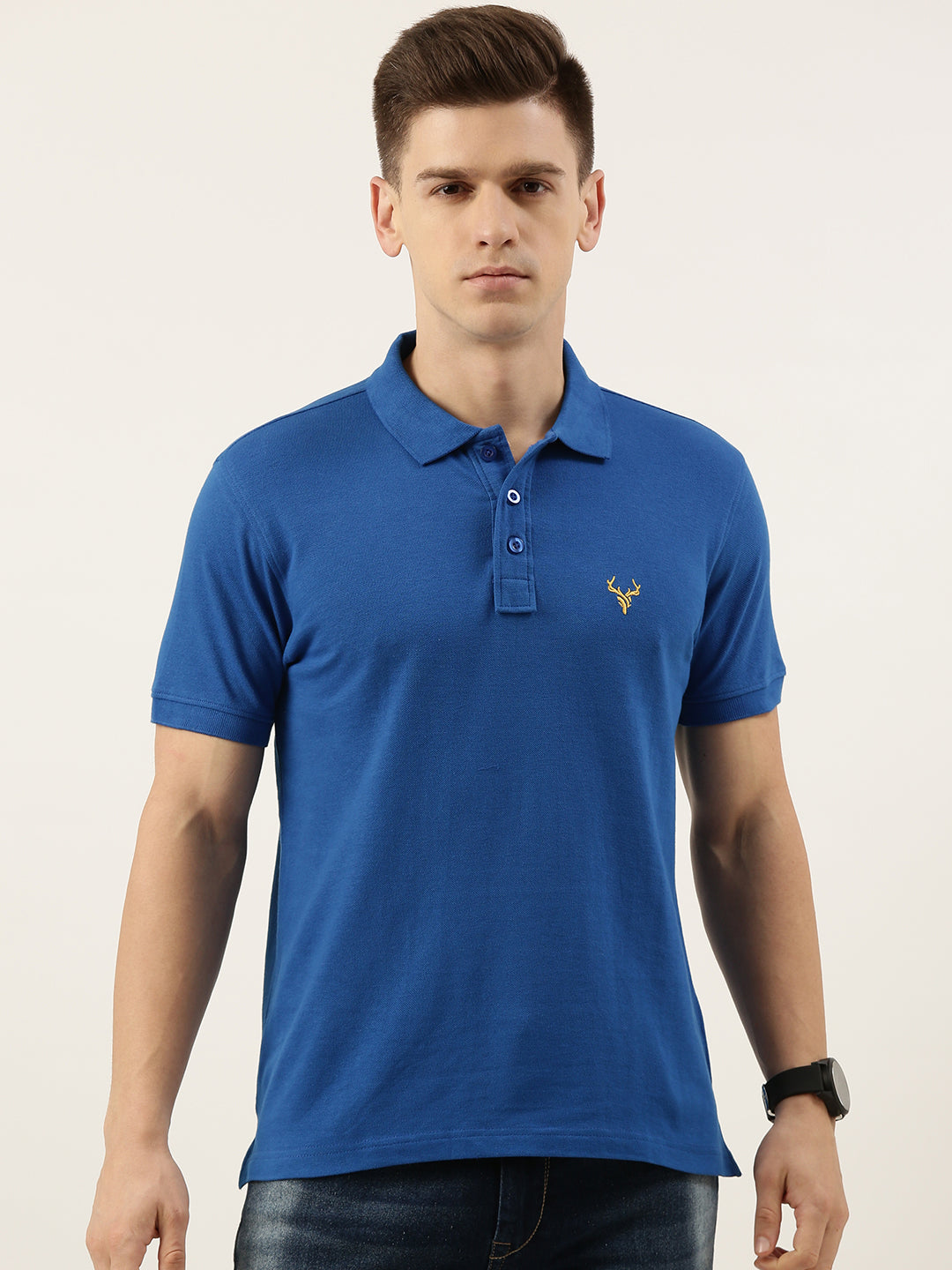 Men Estate Blue Solid Regular Fit Polo T-Shirt