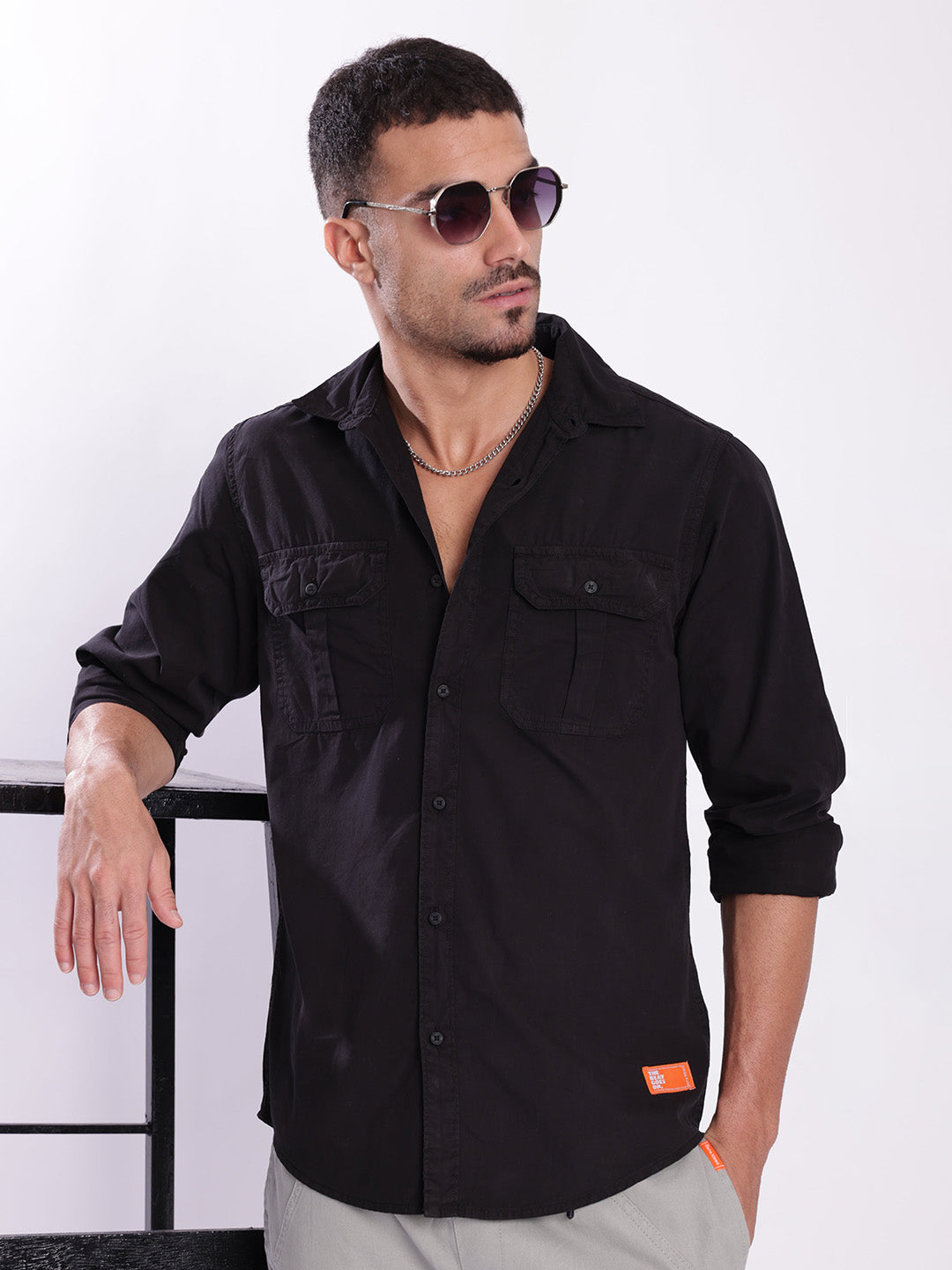 Men Black Double Pocket Casual Shirt