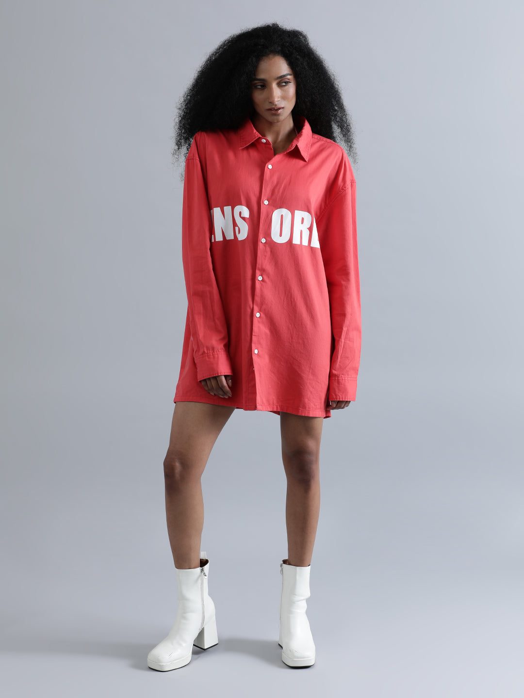 Women Bright Red Cotton Oversized Solid Shirt with Chest Print