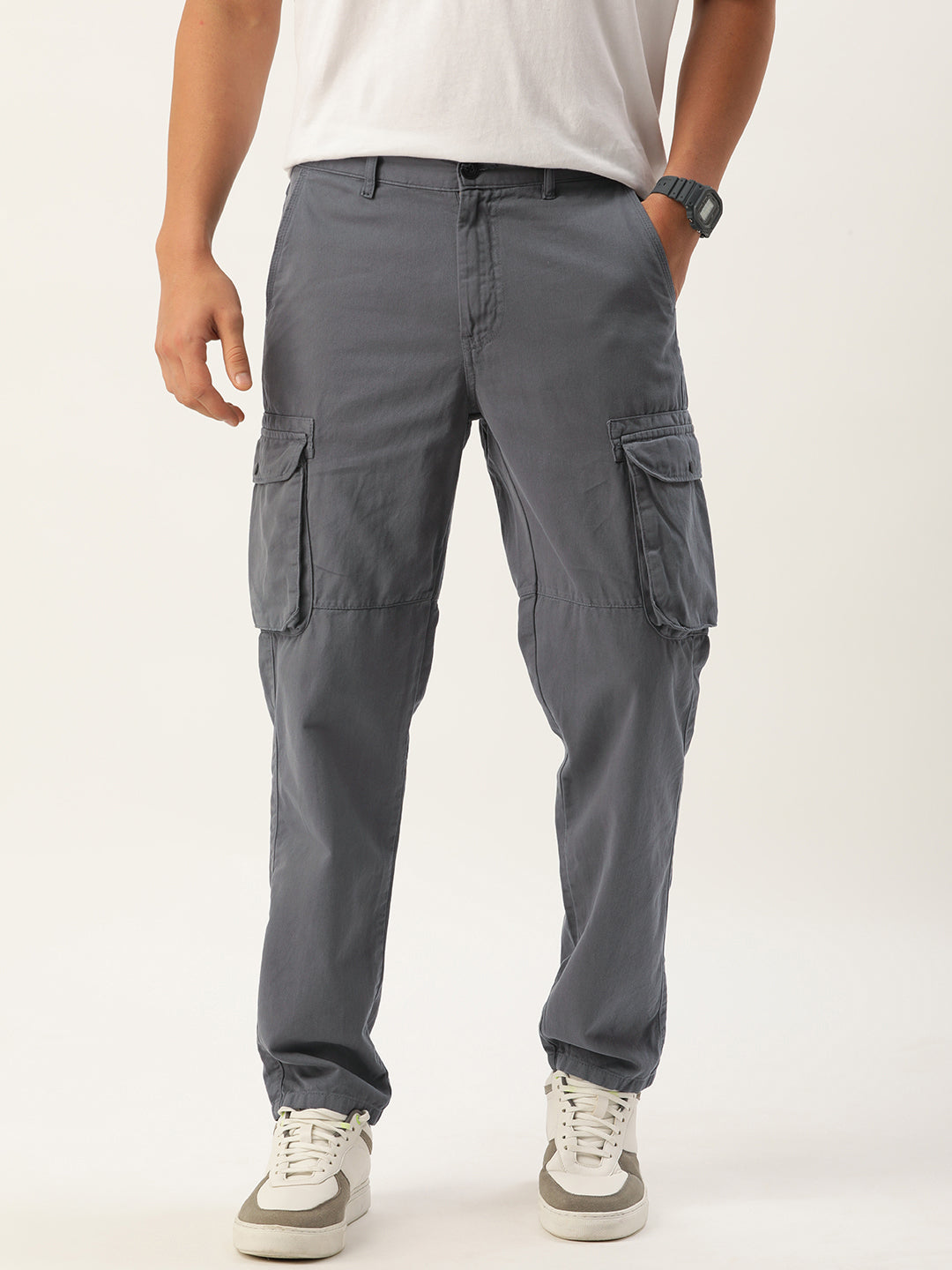 Men Iron Grey Regular Fit Overdyed Solid Cargo Trouser with Baggy Pocket