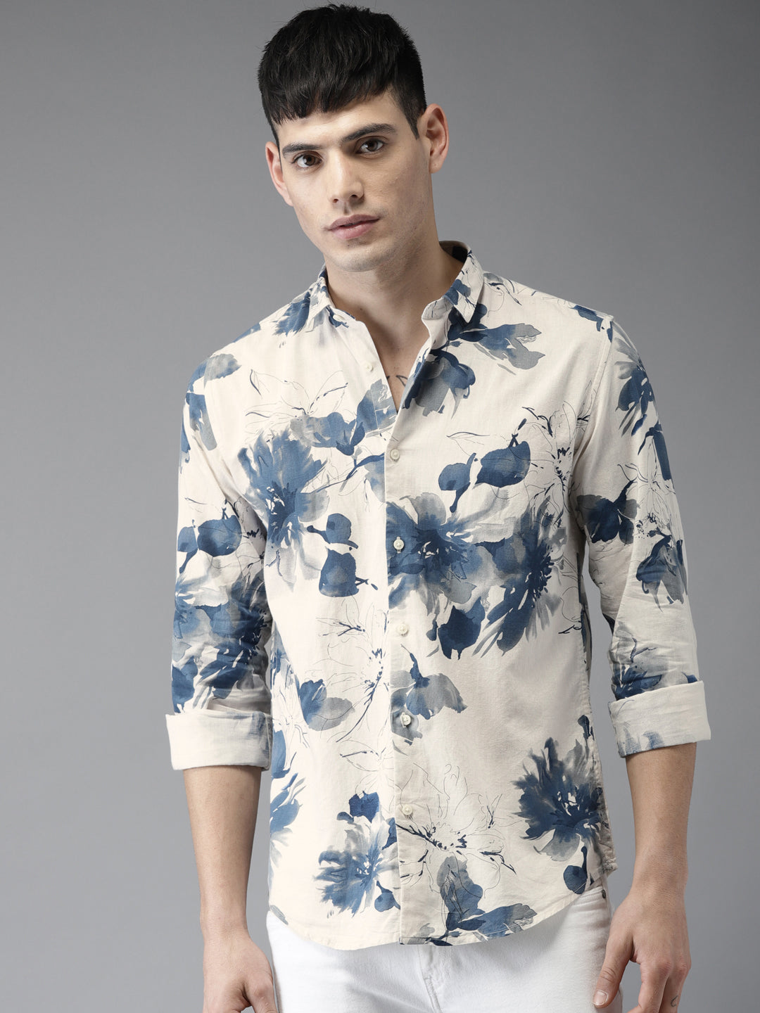 Men Off White Slim Fit Floral Casual Shirt