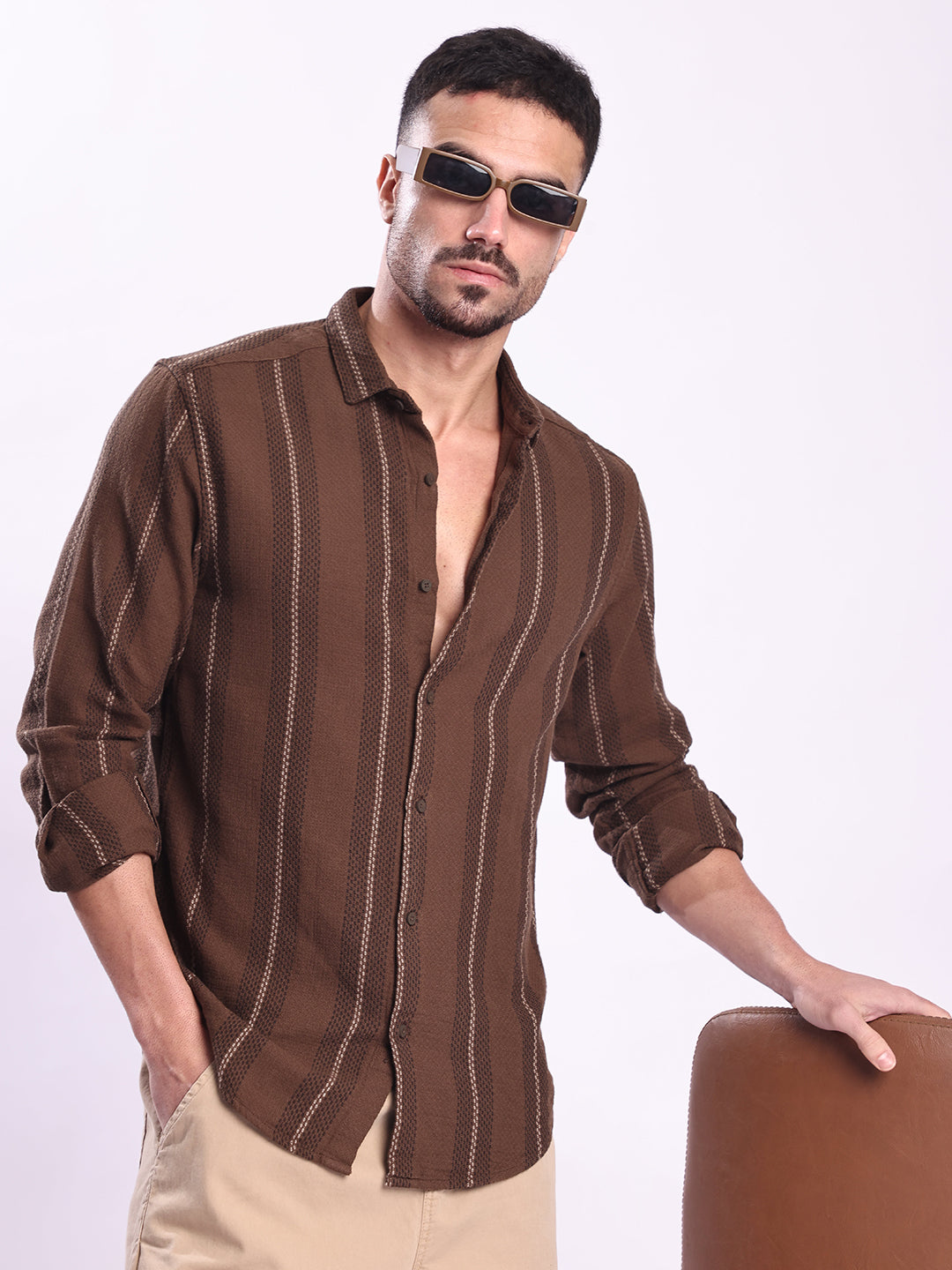 Men Brown Striped Casual Shirt