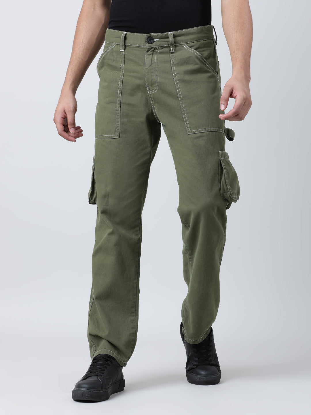 Men Olive Straight Fit Solid Carpenter Style Cargo Trouser