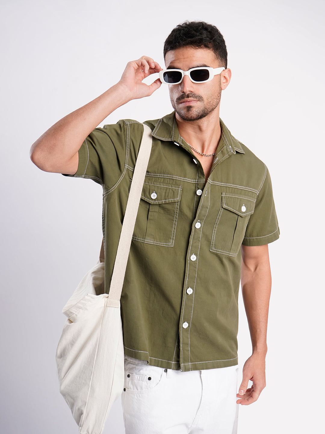 Men Olive Contrast Stitch Relax Fit Casual Shirt