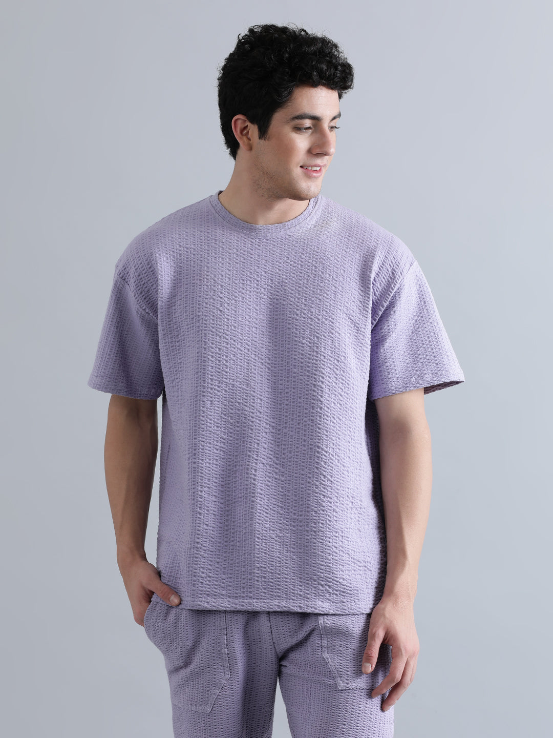 Men Lilac Oversized Knit Seersucker Solid T-Shirt