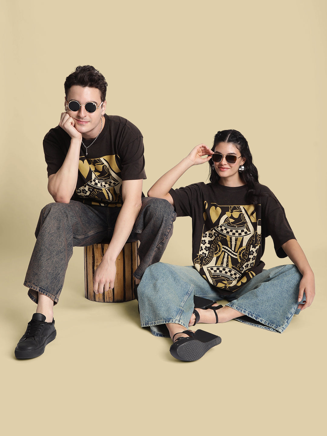 Gender-Fluid  Brown Oversized Washed T-Shirt for Couples