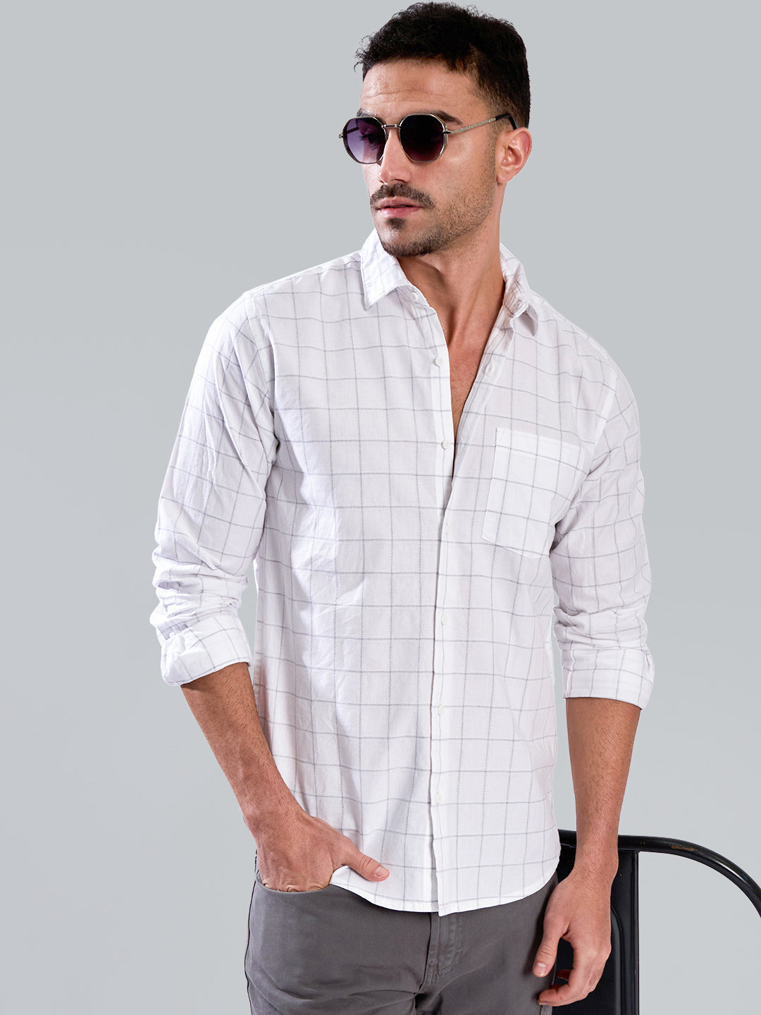 Men White Checked Single Pocket Shirt