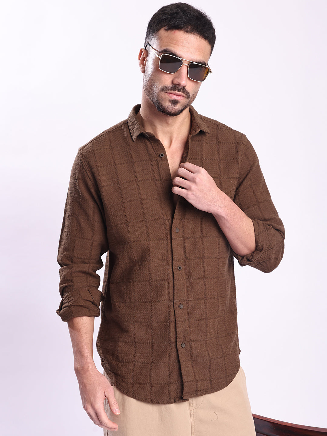 Men Brown Textured Casual Shirt