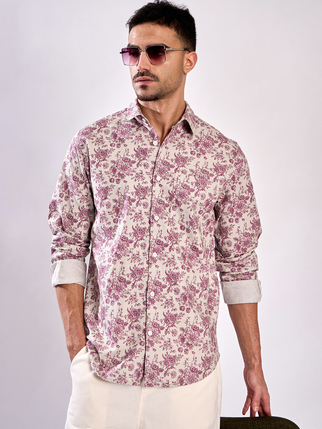 Men Floral Printed Single Pocket Shirt