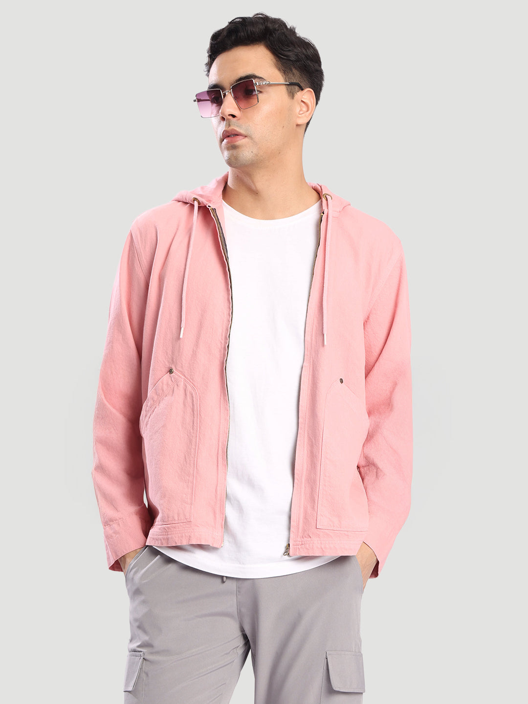 Men Pink hooded Denim Jacket