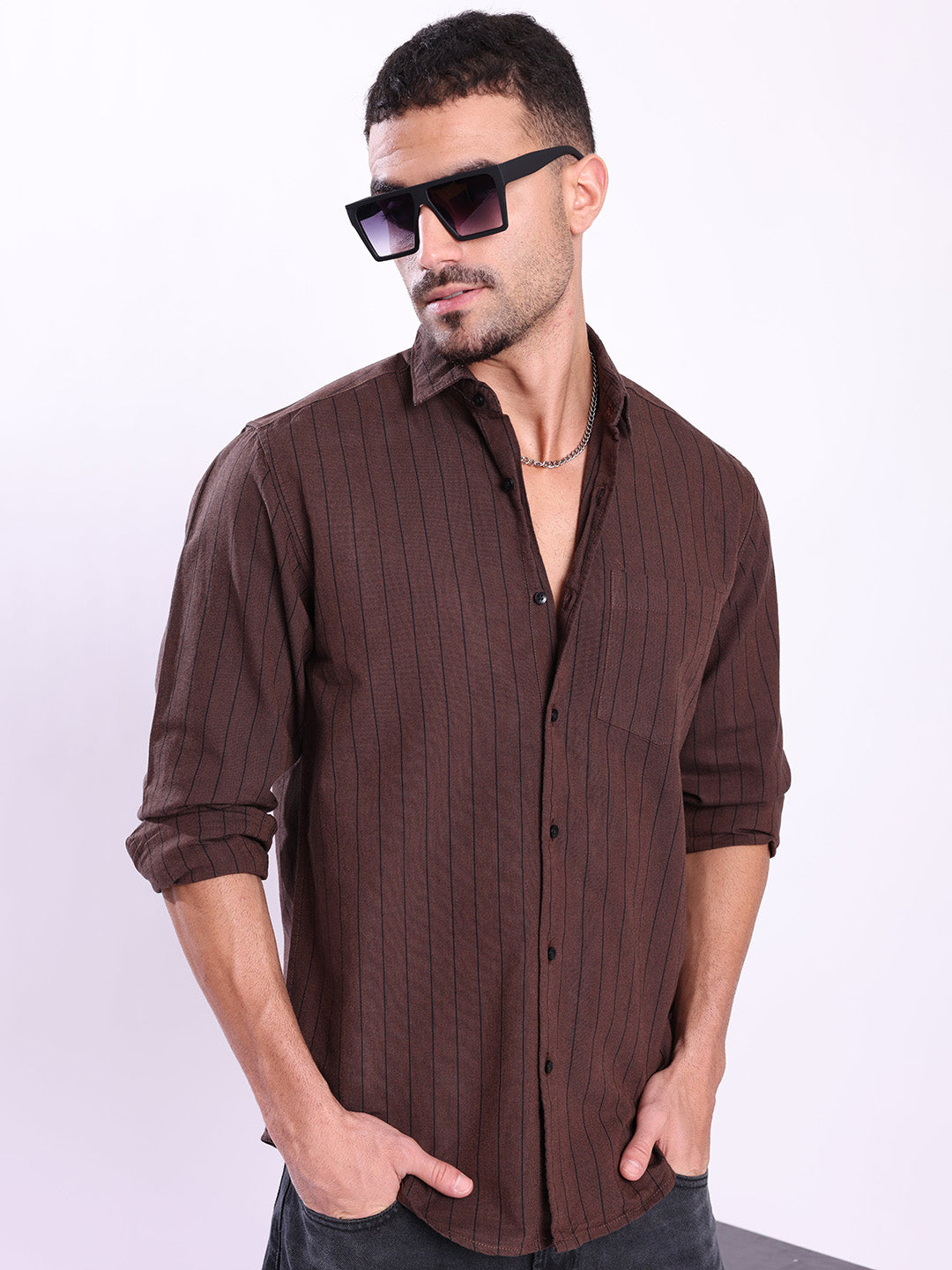 Men Brown Striped Single Pocket  Shirt
