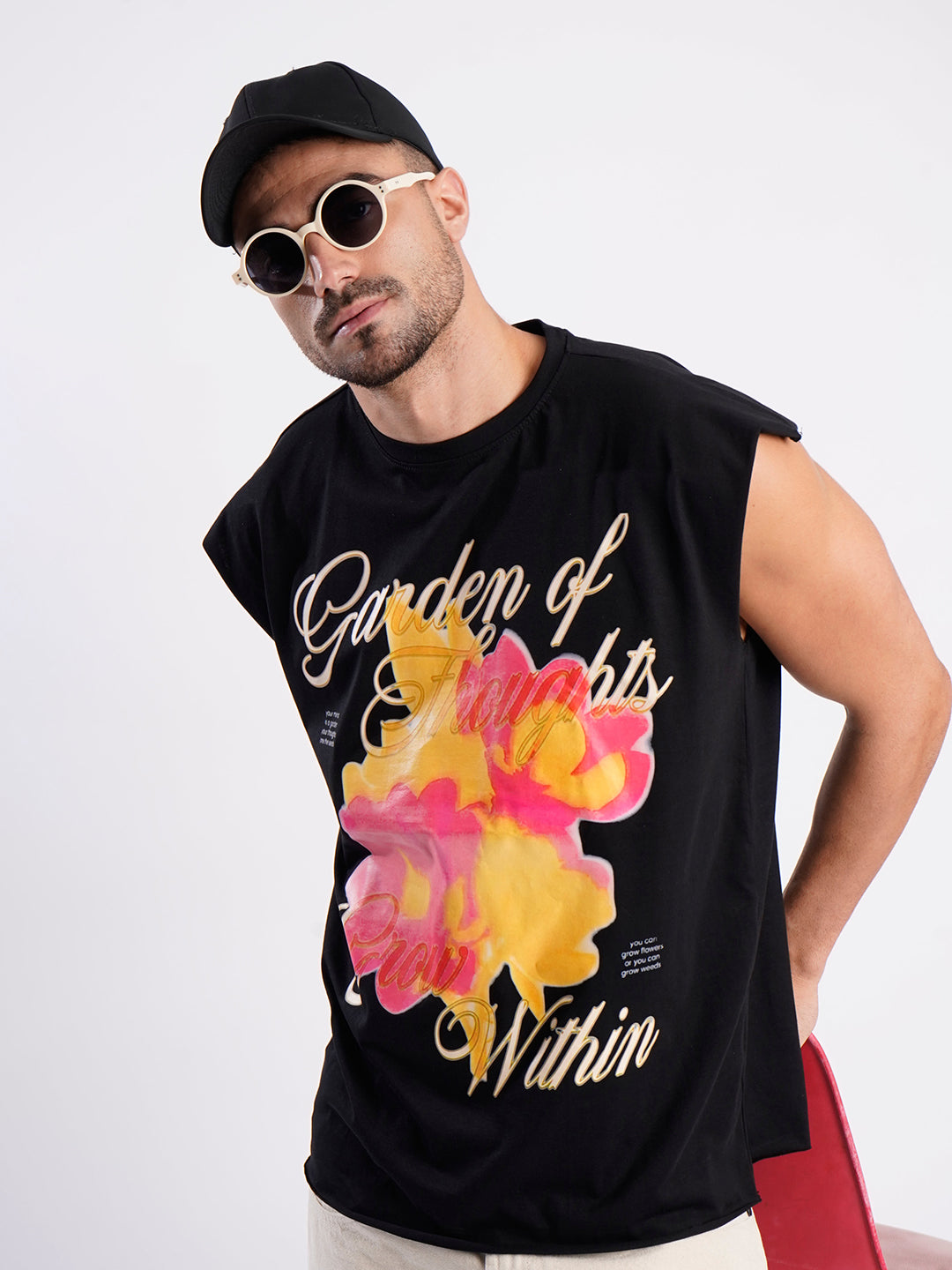 Men Black Sleeveless Graphic Oversized T Shirt