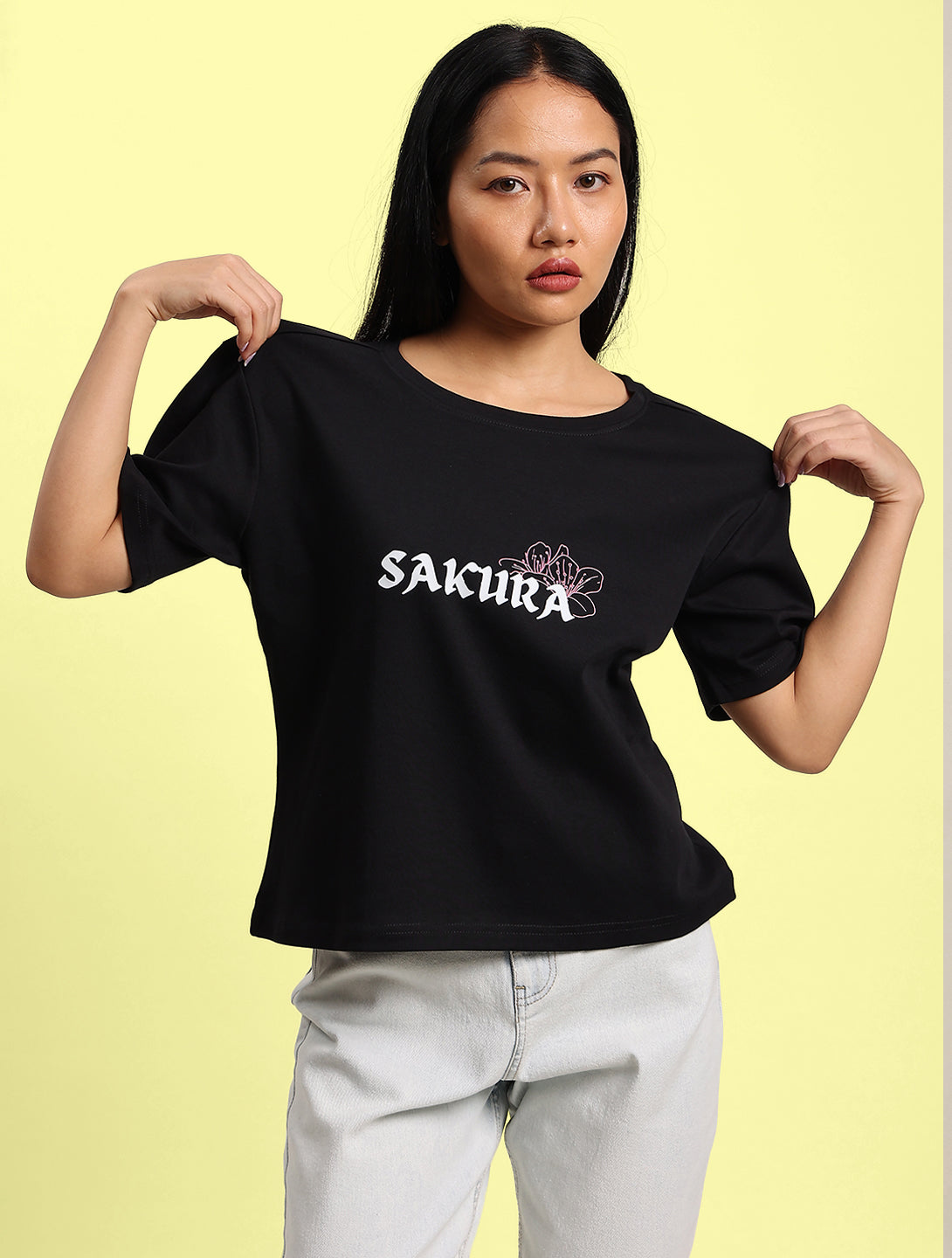 Women Sakura Graphic Print Boxy Crop T-shirt