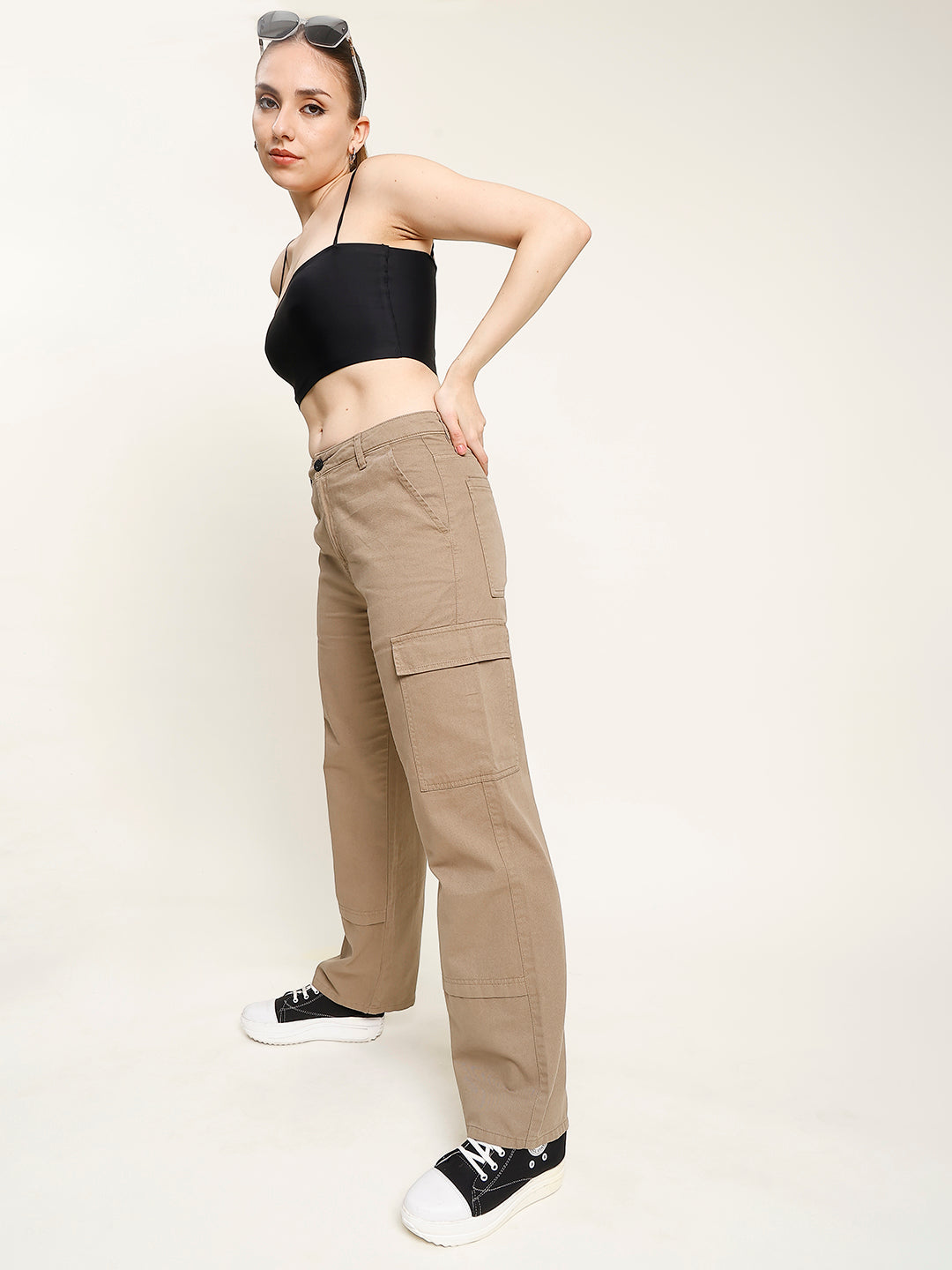 Women Solid Pure Cotton Cargo Trousers