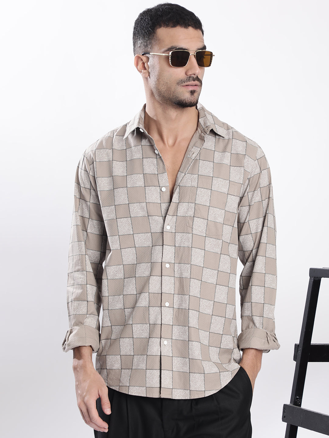 Men Khaki Abstract print Single Pocket Shirt